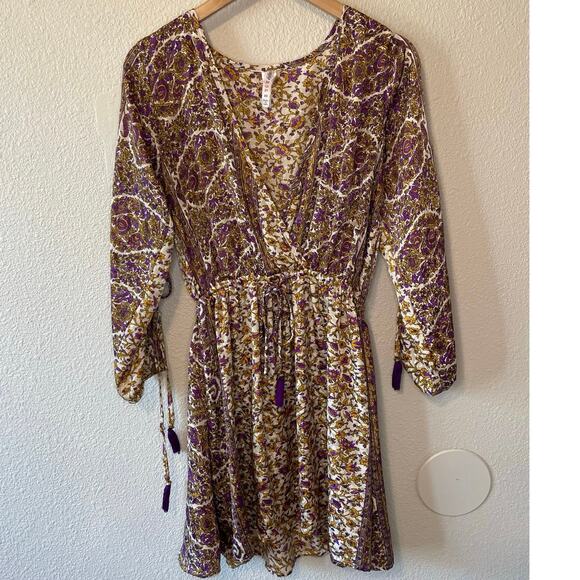 Raga Dresses & Skirts - RAGA Bohemian Slit Sleeve Cold Shoulder Gold & Purple Floral Mini Dress Size XS